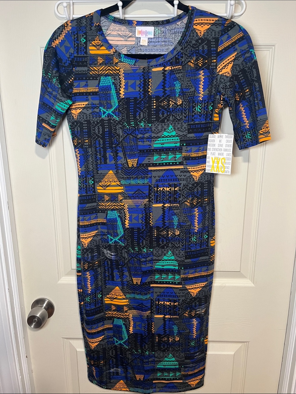 LuLaRoe Geometric Print Midi Dress in Blue, Teal & Orange
